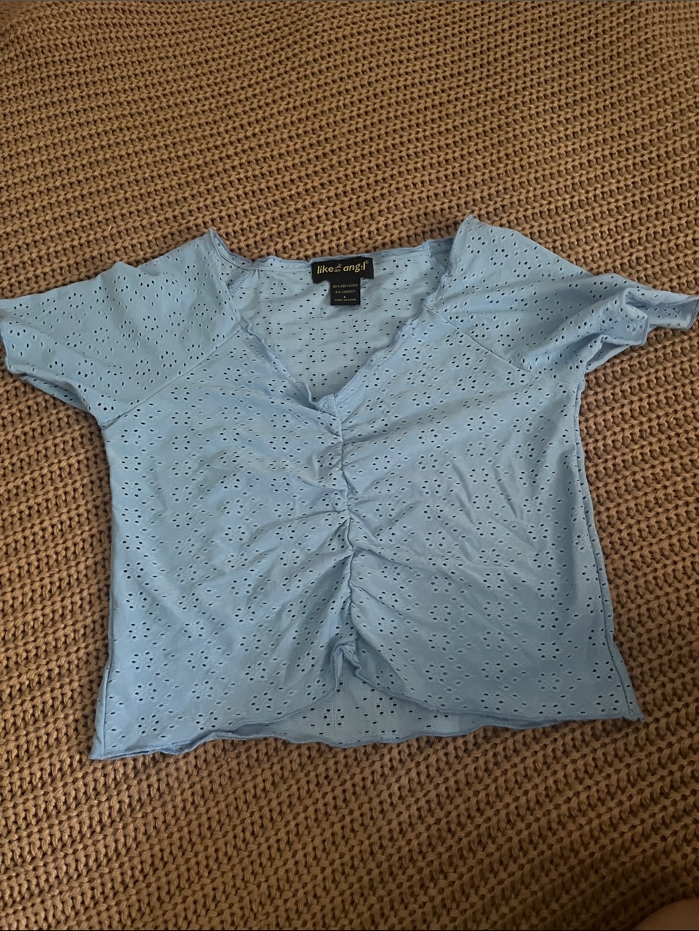 like an angel Sky Blue Eyelet Ruched V-Neck Short Sleeve Top